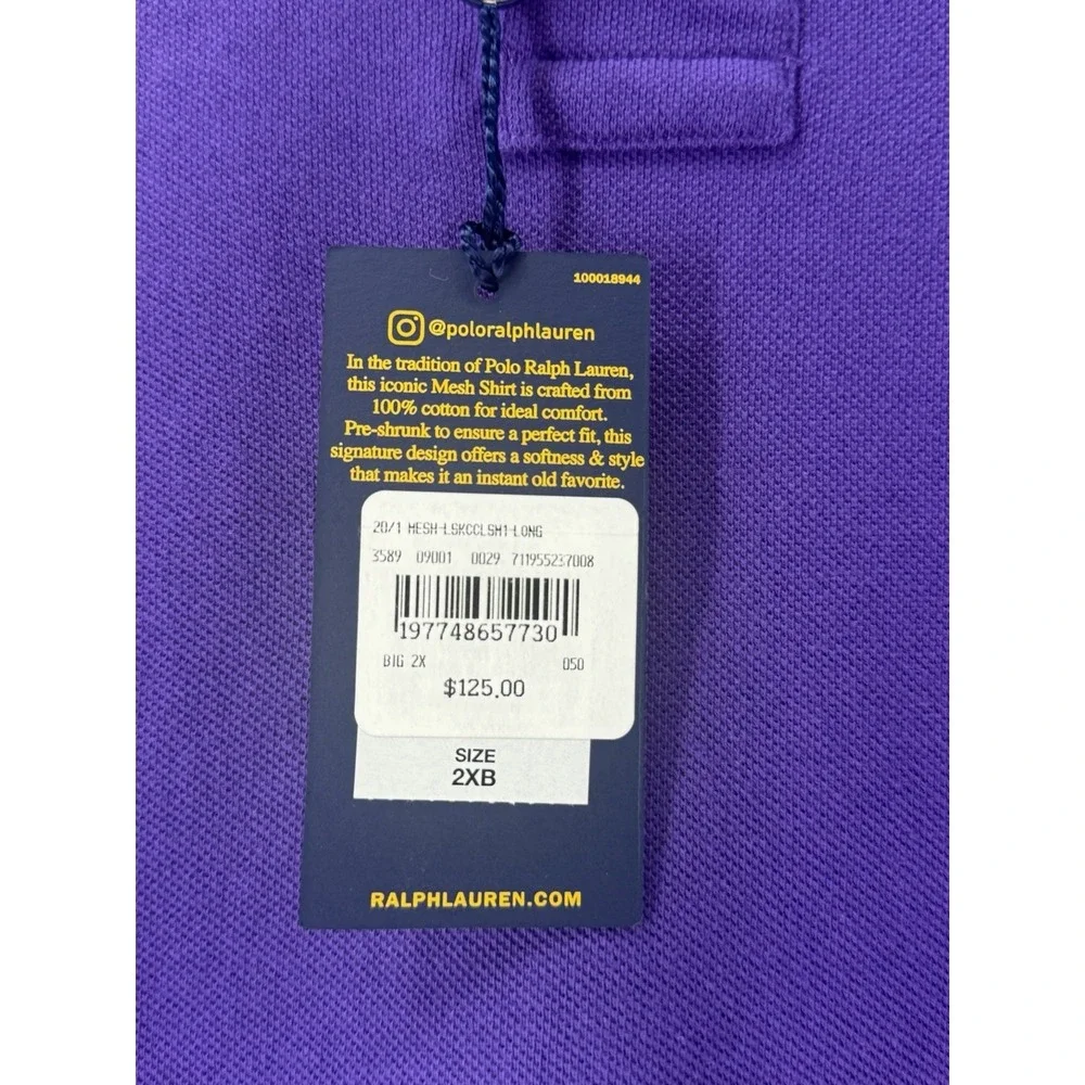 NWT Polo Ralph Lauren Mens Long Sleeve Mesh Polo Shirt 100% Cotton Purple 2X BIG - Picture 4 of 5